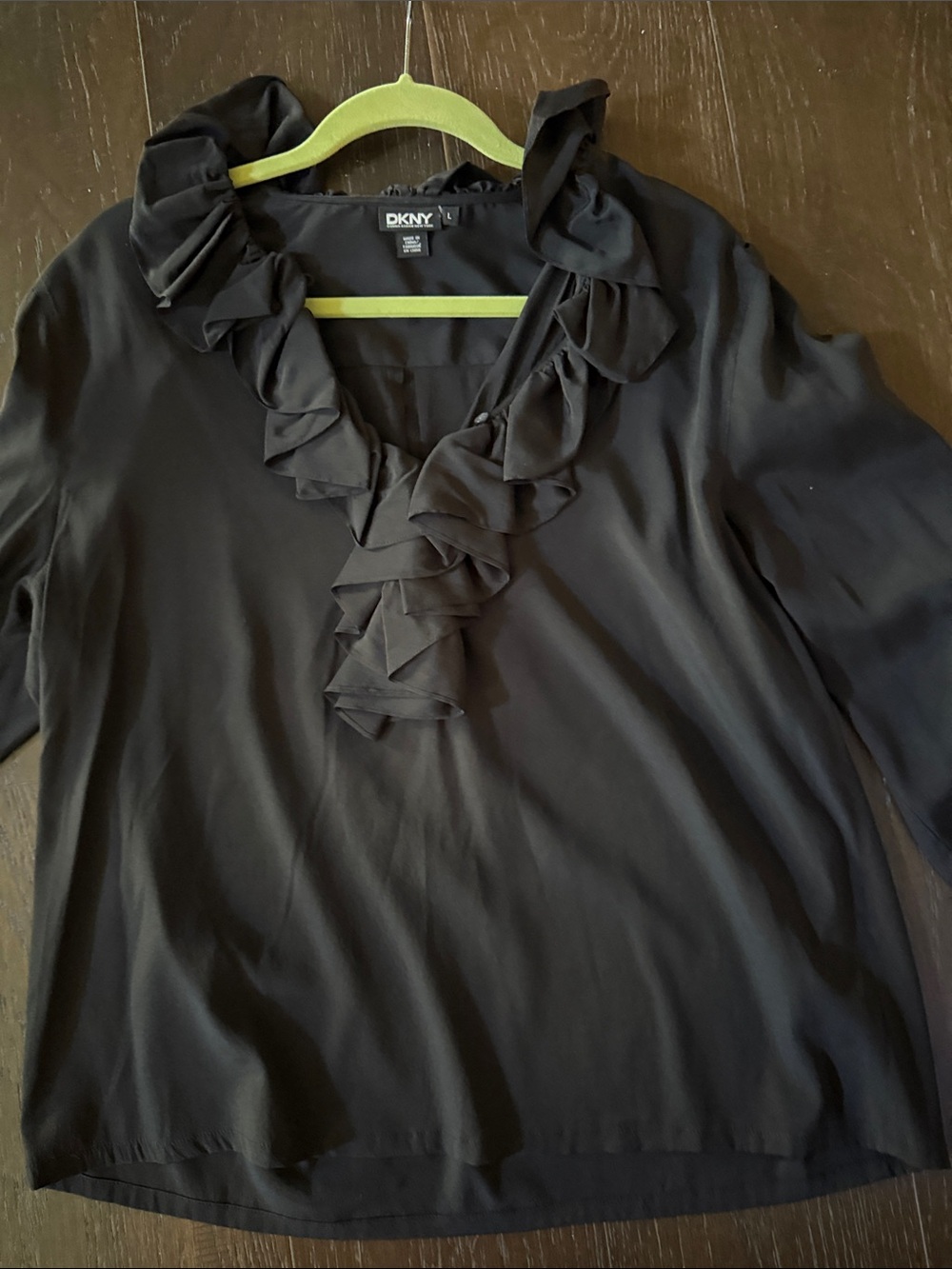 DKNY Black Ruffle V-Neck Blouse with Feminine Trim, silk